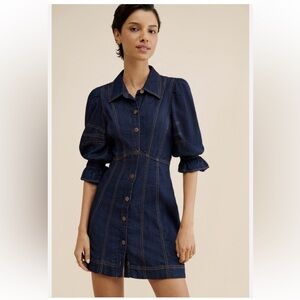 Puff-Sleeve Denim Mini Shirt Dress